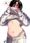  1girl aria_(roresu) black_hair blush borrowed_character breasts cleavage clothes_lift clothes_pull commentary covering_own_mouth cowboy_shot dated earrings english_commentary from_below ginseng_(xin) grey_panties hair_between_eyes hands_up heart highres jewelry large_breasts lifting_own_clothes looking_down medium_hair messy_hair mole mole_on_breast narrowed_eyes navel original panties pants pants_pull signature simple_background sleeves_past_wrists solo speech_bubble spoken_heart sports_bra sweater sweater_lift sweatpants underwear white_background 
