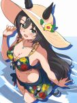  1girl animal_ears bikini blue_bikini blue_sarong blush breasts cleavage commentary_request ears_through_headwear floral_print_bikini hair_between_eyes hair_down hat highres horse_ears horse_girl horse_tail large_breasts long_hair looking_at_viewer official_alternate_costume official_alternate_hairstyle open_mouth sarong satono_crown_(sunny_island_splendor)_(umamusume) satono_crown_(umamusume) smile solo straw_hat swimsuit tail umamusume wa_(wamizest7) yellow_nails 