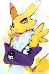  1girl :&lt; animal_ears animal_hands animal_nose artist_name black_sclera blue_eyes body_fur bridal_gauntlets claws closed_mouth colored_sclera commentary crossed_arms dated digimon digimon_(creature) english_commentary facial_hair fox_ears fox_girl fox_tail furry furry_female highres looking_at_viewer neck_fur renamon signature simple_background solo standing tail thwillartz tongue tongue_out twitter_username two-tone_fur upper_body white_background white_fur yellow_fur yin_yang 