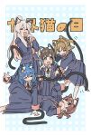  5girls :d animal_ear_fluff animal_ears black_jacket black_skirt blue_hair brown_eyes brown_hair cat_day cat_ears cat_tail closed_eyes commentary extra_ears fang hair_ornament hairclip highres hozuki_momiji jacket kemonomimi_mode long_hair long_sleeves low_twintails lying multicolored_hair multiple_girls murosaki_miyo oka_asahi on_back onii-chan_wa_oshimai! open_mouth orange_hair oyama_mahiro pink_hair pleated_skirt polka_dot polka_dot_background ponytail red_hair school_uniform short_hair short_ponytail simple_background skin_fang skirt smile symbol-only_commentary tail tail_grab tenkawa_nayuta translated twintails two-tone_hair two_side_up yuzuponzup 