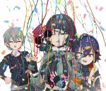  1boy 2girls absurdres akaika_(aka) animal_ears annoyed behind_another belle_(zenless_zone_zero) black_hair black_shirt blue_hair blue_jacket closed_eyes closed_mouth confetti cropped_jacket earrings facing_another fingerless_gloves fingernails fur-trimmed_jacket fur_trim gloom_(expression) gloves green_eyes green_jacket grey_eyes grey_hair hair_intakes hair_ornament hand_on_another&#039;s_arm happy_birthday height_difference highres holding holding_party_popper jacket jane_doe_(zenless_zone_zero) jewelry long_sleeves looking_at_viewer mouse_ears multiple_girls nail_polish necktie one_eye_closed open_clothes open_jacket open_mouth open_vest party_popper red_nails shirt short_hair simple_background smile streamers stud_earrings sunglasses turtleneck unzipped upper_body v-shaped_eyebrows vest white_background wise_(zenless_zone_zero) zenless_zone_zero zipper 
