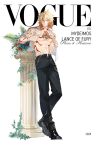  1boy abs absurdres arm_tattoo black_pants black_shoes blonde_hair braid chest_tattoo collared_shirt cover earrings facial_tattoo fake_magazine_cover gold_earrings gold_necklace gradient_hair hair_between_eyes hashtag-only_commentary highres honkai:_star_rail honkai_(series) jewelry magazine_cover male_focus medium_hair multicolored_hair mydei_(honkai:_star_rail) necklace open_clothes open_fly open_shirt pants red_hair red_tattoo see-through_clothes see-through_shirt shirt shoes side_braid simple_background solo tattoo toned toned_male toriumu wet wet_clothes wet_hair wet_shirt white_background white_shirt yellow_eyes 