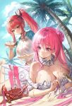  2girls aile_(crossroads) angel_wings applying_sunscreen beach bikini bikini_visible_through_clothes breasts cleavage coconut_tree crab dorothy_(nikke) dorothy_(serendipity)_(nikke) english_commentary goddess_of_victory:_nikke hair_bun highres large_breasts long_hair lying multiple_girls official_alternate_costume on_stomach outdoors palm_tree pink_hair ponytail purple_eyes rapi_(nikke) rapi_(red_hood)_(nikke) rapi_(red_hood)_(red_flavor)_(nikke) red_bikini red_eyes red_hair single_side_bun swimsuit tree two-tone_shirt very_long_hair white_bikini wings 