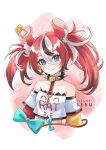  1girl animal_ears asymmetrical_sleeves black_hair blue_eyes blush bow breasts cheese collar dice_hair_ornament food hair_ornament hakos_baelz hakos_baelz_(1st_costume) hololive hololive_english long_hair looking_at_viewer mismatched_sleeves mouse_ears mouse_girl mouse_on_head mouse_tail mousetrap multicolored_hair red_hair sebu_illust shirt smile solo spiked_collar spikes streaked_hair tail tail_bow tail_ornament twintails virtual_youtuber white_hair 