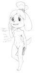  1:2 2020 animal_crossing anthro big_head black_and_white breasts canid canine canis dialogue domestic_dog english_text female front_view full-length_portrait genitals hi_res isabelle_(animal_crossing) looking_at_viewer mammal monochrome nintendo nipples nude on_one_leg portrait pussy shih_tzu sketch small_breasts solo standing talking_to_viewer text toy_dog video_games w4g4 