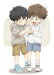  2boys black_hair blue_eyes brown_hair bubble_tea child closed_eyes commentary drinking highres male_child male_focus multiple_boys original phamquo35059479 pushing_away short_hair shorts simple_background sketch theft worried 