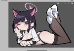  1girl animal_ears art_program_in_frame ass atago_(azur_lane) atago_(azur_lane)_(cosplay) atago_(stunning_speedster)_(azur_lane) azur_lane black_hair black_panties black_thighhighs blue_archive breasts cat_ears checkered_flag chibi chibi_only colored_inner_hair commissioner_name cosplay english_text extra_ears feet_up flag halo hariclip high_heels highres kazusa_(blue_archive) large_breasts legs_up lying multicolored_hair on_stomach one_eye_closed panties pink_hair pink_halo race_queen rrogtion shoes short_hair shrug_(clothing) smile thank_you the_pose thighhighs two-tone_hair underwear white_shoes white_shrug wrist_cuffs 