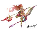  1girl armor colored_skin digimon digimon_(creature) digimon_alysion digimon_card_game dragon_girl dragon_tail full_body gem gold_armor halberd highres holding holding_polearm holding_weapon knight long_hair nimadj pink_hair polearm red_gemstone red_skin rubeusdramon tail thigh_strap weapon 