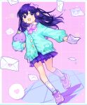  1girl aubrey_(omori) bow bright_pupils collared_shirt envelope hair_behind_ear heart holding holding_envelope looking_to_the_side omori purple_bow purple_eyes purple_footwear purple_hair purple_skirt shionty shirt shoes skirt smile sneakers solo speech_bubble white_pupils white_shirt 