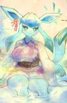  1girl :3 adversarial_noise animal_ears aqua_hair arm_at_side artist_name asymmetrical_breasts blue_fur blue_hair blue_sclera blush body_fur breasts claws closed_mouth colored_sclera colored_tips commentary dated ear_ornament english_commentary furry furry_female glaceon hand_up happy highres japanese_clothes kimono large_breasts long_hair long_sleeves multicolored_hair obi partially_submerged personification pokemon pokemon_(creature) purple_kimono ripples sash short_kimono sidelocks signature sitting smile soaking_feet solo tail thick_thighs thighs thwillartz translation_request twitter_username two-tone_hair white_eyes wide_hips wide_sleeves 