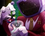  4boys ant_tenna antennae black_jacket black_necktie black_pants collared_shirt crt cup deltarune drinking_glass gloves green_eyes green_pippins highres holding holding_cup jacket male_focus mini_person miniboy multiple_boys necktie object_head pants pippins_(deltarune) red_gloves red_jacket shadowguy_(deltarune) shirt size_difference small_sweatdrop sweat wanabougu white_gloves white_shirt yellow_necktie zapper_(deltarune) 