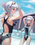  2girls arknights arms_up ass back back_cutout bangs bare_arms bare_shoulders black_swimsuit blue_sky breasts building chinese_commentary closed_mouth clothing_cutout commentary_request competition_swimsuit cube_(cuberoot-of-e) day from_behind gladiia_(arknights) goggles goggles_on_head grey_hair hair_between_eyes hair_ribbon highres large_breasts long_hair looking_at_viewer looking_back low_ponytail medium_breasts multiple_girls one-piece_swimsuit outdoors partially_submerged pointy_ears pool pool_ladder red_eyes red_ribbon ribbon skadi_(arknights) sky swimsuit water 