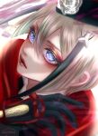  1boy absurdres androgynous black_hair blonde_hair blue_eyes facing_to_the_side gloves hat highres hyuuga_masamune long_sleeves looking_ahead male_focus multicolored_hair parted_lips short_hair solo teeth touken_ranbu white_background zasikirou 