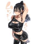  1girl absurdres arm_at_side arm_up armpit_hair armpits arms_behind_head artist_name bare_arms bare_shoulders black_armpit_hair black_hair black_shirt black_skirt black_thighhighs blush breasts cleavage cleavage_cutout clothing_cutout covered_nipples cowboy_shot cropped_shirt ecoheeky_kimos fanged_bangs half-closed_eyes highres large_breasts legs_apart long_hair midriff miniskirt original parted_lips ponytail shirt signature single-shoulder_shirt single_strap skirt solo steam straight_hair sweat thighhighs translated tsurime white_background 