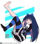  1girl :d back_bow black_dress blue_bow blue_eyes blue_hair bow colored_inner_hair dress feet gothic_lolita hair_bow holding holding_stuffed_toy honekoneko_(psg) leg_up lolita_fashion long_hair michirutnk multicolored_hair panty_&amp;_stocking_with_garterbelt pixiv_logo single_thighhigh smile stocking_(psg) striped_clothes striped_thighhighs stuffed_animal stuffed_cat stuffed_toy thighhighs two-tone_background v 