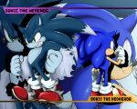  2boys blue_fur character_name claws clenched_teeth colored_tips commentary_request fangs furry furry_male gloves hedgehog_boy large_hands looking_to_the_side male_focus multicolored_hair multiple_boys red_shoes shoes shoppaaaa smile sonic_(series) sonic_the_hedgehog sonic_the_werehog spiked_shoes spikes teeth white_gloves 