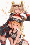  black_jacket black_skirt blonde_hair breasts burnice_white eyewear_on_head highres jacket large_breasts looking_at_viewer luciana_de_montefio red_eyes simple_background skirt smile sunglasses zenless_zone_zero 
