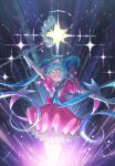  1girl :d absurdres aqua_eyes aqua_hair arm_up bow bowtie dress elbow_gloves gloves hakai_orz hatsune_miku highres holding holding_staff long_hair looking_at_viewer mage_staff open_mouth pink_bow pink_dress puffy_short_sleeves puffy_sleeves short_sleeves smile solo sparkle staff standing star-shaped_pupils star_(symbol) striped_bow striped_bowtie striped_clothes symbol-shaped_pupils tongue twintails very_long_hair vocaloid white_gloves 