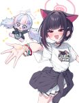  2girls :d animal_ears black_hair blue_archive blue_eyes blue_hair blush bracelet cat_ears cat_girl chibi clothes_around_waist extra_ears fang hair_ornament hairclip halo highres jacket jacket_around_waist jewelry kazusa_(band)_(blue_archive) kazusa_(blue_archive) metaljelly mini_person minigirl multicolored_hair multiple_girls official_alternate_costume open_mouth pink_hair pink_halo red_eyes reisa_(blue_archive) shirt short_hair short_sleeves simple_background smile star_halo t-shirt two-tone_hair white_background white_shirt 