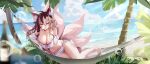  1girl absurdres ahoge animal_ear_fluff animal_ears armpits bare_legs bare_shoulders barefoot beach bikini bikini_skirt blurry breasts brown_hair cleavage collarbone commission day depth_of_field fang fox_ears fox_girl fox_tail frilled_bikini frills hair_between_eyes hammock highleg highleg_bikini highres huge_breasts kitsune long_hair looking_at_viewer multicolored_hair multiple_tails navel off-shoulder_bikini off_shoulder open_mouth original outdoors palm_tree pink_bikini pink_hair red_eyes shant_07 smile solo stomach streaked_hair string_bikini swimsuit tail thighs tree two-tone_hair very_long_hair white_bikini 