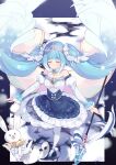  1girl 1other absurdres animal_ears aqua_hair bare_shoulders blush closed_eyes closed_mouth detached_collar dress frilled_dress frills hair_between_eyes hair_ornament hatsune_miku highres holding holding_staff long_hair long_sleeves mage_staff official_alternate_costume official_alternate_hairstyle open_mouth pantyhose puffy_long_sleeves puffy_sleeves rabbit rabbit_ears rabbit_yukine smile staff standing standing_on_one_leg strapless strapless_dress ttnap twintails very_long_hair vocaloid white_pantyhose yuki_miku yuki_miku_(2019) 