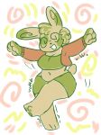 anthro belly cardigan clothing curly_hair dizzy female generation_3_pokemon green_body hair handpaw heart_(marking) markings multicolored_body multicolored_hair nintendo on_one_leg open_mouth open_smile paws pokemon pokemon_(species) pokemorph shiny_pokemon short_stack slightly_chubby smile solo spinda spiral spiral_eyes spots spotted_markings spread_arms standing tan_body thrussywizard topwear tube_top two_tone_body two_tone_hair wide_hips