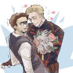  2boys artist_name avengers_(series) belt black_bodysuit black_eyes black_vest blonde_hair blue_background blush bodysuit bouquet brown_belt brown_gloves brown_hair captain_america closed_eyes closed_mouth collared_shirt facial_hair fingerless_gloves fingernails flower formal_clothes gloves grey_pants holding holding_bouquet leaf long_sleeves looking_back male_focus marvel multiple_boys necktie notice_lines open_mouth pants pink_flower pocket red_necktie scared shajiang144584 shirt short_hair smile standing steve_rogers sweat tony_stark trembling two-tone_background vest white_background white_shirt yaoi 
