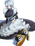  1girl absurdres air_jordan blue_eyes choker closed_mouth dress grey_hair highres long_dress looking_at_viewer maid maid_headdress original shoe_soles shoes short_hair simple_background sneakers tkc_takahashi white_background yellow_shoes 