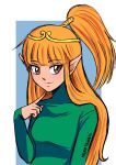  1girl absurdres artist_name blue_background borrowed_character brown_eyes circlet closed_mouth elf_(merrivius) elf_comic gold_circlet highres index_finger_raised long_sleeves merotenshi orange_hair outside_border pointy_ears ponytail signature solo spanish_commentary turtleneck 