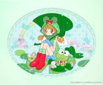  1girl :&gt; animal animal_hood antennae basket beamed_eighth_notes bizarre_rain black_eyes blue_mittens blue_skirt boots bow bowtie brown_hair candy candy_wrapper closed_mouth comcomblue commentary copyright_name copyright_notice denden_(sanrio) dot_mouth eighth_note food frilled_skirt frills frog frog_hood gingham green_background green_raincoat green_socks hair_ornament hairclip hasunoue_keroppi holding holding_leaf hood hood_up leaf leaf_umbrella lily_pad looking_at_viewer medium_hair mittens musical_note official_art rain raincoat red_boots red_bow red_bowtie red_shirt sanrio shirt sitting skirt sleeveless smile snail socks star_sticker sticker sticker_on_arm striped_clothes striped_shirt striped_socks teruteru_(sanrio) teruterubouzu twintails vertical-striped_clothes vertical-striped_shirt white_wings wings 