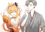  1boy 1girl arm_tattoo armpits arms_up bandaged_arm bandages breasts brown_eyes butterfly_choker chest_sarashi chest_tattoo cleavage closed_eyes commentary_request commission eyeliner facing_viewer father_and_daughter fingerless_gloves fingernails genshin_impact gloves gradient_background grey_hair grey_kimono grin hadanugi_dousa hand_up highres japanese_clothes kimono large_breasts long_fingernails looking_at_another makeup mixed-language_commentary morning naganohara_ryuunosuke nail_polish obi one_eye_closed orange_kimono orange_nails parted_lips pixiv_commission ponytail pyro_symbol_(genshin_impact) red_eyeliner sarashi sash short_hair side-by-side simple_background single_glove smile squeans tatata_taira tattoo tying_hair upper_body vision_(genshin_impact) yoimiya_(genshin_impact) 