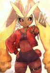  ! !! 1girl anger_vein animal_ears animal_nose artist_name belt black_sclera black_shorts black_sports_bra blush body_fur bracelet breasts brown_fur colored_sclera commentary cowboy_shot cropped_jacket dated english_commentary furrowed_brow furry furry_female hand_on_own_hip high-waist_shorts highres jacket jewelry light_blush long_animal_ears long_sleeves looking_at_viewer lopunny micro_shorts midriff navel open_mouth pointing pointing_at_viewer pokemon pokemon_(creature) rabbit_ears rabbit_girl rabbit_tail red_eyes red_jacket short_tail shorts signature small_breasts solo sports_bra standing stomach tail thick_thighs thigh_belt thigh_strap thighs thwillartz toned toned_female twitter_username two-tone_fur v-shaped_eyebrows yellow_background yellow_fur 