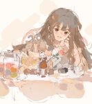  2girls absurdly_long_hair absurdres animal_ears blunt_bangs braid brown_eyes brown_hair chair dress elbow_on_table eyelashes fox_ears frilled_sleeves frills hair_tie hand_on_own_cheek hand_on_own_face highres jar long_hair low_twin_braids medium_dress mini_person minigirl multiple_girls on_chair open_mouth original outstretched_arm puffy_short_sleeves puffy_sleeves red_dress red_shoes shoes short_sleeves sitting size_difference sleeves_past_wrists smile standing sweater table twin_braids upper_body very_long_hair white_hair white_sweater yi_tianran_dai 