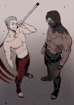  2boys abs black_hair full_body green_eyes grey_hair grin hidan_(naruto) highres hjilee3519 holding holding_scythe holding_weapon kakuzu_(naruto) male_focus mask mouth_mask multiple_boys muscular muscular_male naruto_(series) naruto_shippuuden ninja ninja_mask over_shoulder red_eyes scythe shirt smile standing tattoo teeth topless_male weapon weapon_over_shoulder 