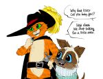 anthro belt blue_eyes boots brown_body brown_fur canid canine canis cape chihuahua clothing dialogue domestic_cat domestic_dog dreamworks duo eyeliner fangs felid feline felis feral footwear fur fuzzy green_eyes hand_on_hip hat headgear headwear jorongbak looking_at_another makeup male mammal meme open_mouth open_smile orange_body orange_fur perrito_(puss_in_boots) puss_in_boots_(dreamworks) puss_in_boots_(franchise) question shoes shy simple_background size_difference smile speech_bubble standing sweater tabby_cat tail teeth text topwear toy_dog whiskers white_background why_does_serizawa_call_you_babygirl