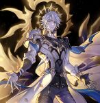  1boy a-pose antenna_hair armor belt black_background black_choker black_gloves blue_cape blue_eyes brown_belt cape choker coat cowboy_shot fingerless_gloves gloves gold_halo grey_pants hair_between_eyes halo halo_behind_head highres honkai:_star_rail honkai_(series) looking_at_viewer male_focus nardack open_hands pants parted_bangs parted_lips pauldrons phainon_(honkai:_star_rail) short_hair shoulder_armor single_glove single_pauldron solo standing teeth two-sided_cape two-sided_fabric white_coat yellow_cape yellow_pupils 