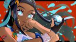  1girl armlet black_hair blue_eyes blue_eyeshadow blue_hair breasts crop_top dark-skinned_female dark_skin dive_ball dynamax_band earrings eyeshadow hair_bun hand_on_own_face highres holding holding_poke_ball hoop_earrings inu_desu111 jewelry makeup multicolored_hair nessa_(pokemon) poke_ball pokemon pokemon_swsh shoulder_tattoo single_hair_bun solo sports_bra tattoo two-tone_hair upper_body 