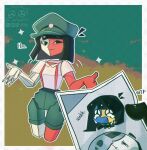  1girl antenna_hair black_eyes black_hair blunt_bangs blunt_ends border character_request chibi closed_mouth collared_shirt colored_skin disembodied_hair ena:_dream_bbq ena_(series) eyelashes green_background green_hat green_shorts hat highres iy0763157 medium_hair multicolored_skin newsboy_cap outline outside_border pov pov_hands red_skin shirt short_sleeves shorts shrugging smile sparkle suspender_shorts suspenders twitter_username two-tone_background two-tone_skin wanted_poster watermark white_border white_outline white_shirt white_skin yellow_background 