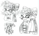  1girl artist_name bare_shoulders bow-shaped_hair callie_(alterna)_(splatoon) callie_(splatoon) callie_(squid_sisters_outfit)_(splatoon) chibi chibi_inset cropped_torso detached_collar dress earrings eyelashes food food_on_head heart hoop_earrings inkling jewelry long_hair loving_aura mole mole_under_eye multiple_views notice_lines object_on_head pointy_ears ribonhaato short_eyebrows simple_background smile sparkle splatoon_(series) splatoon_3 star-shaped_pupils star_(symbol) strapless strapless_dress sushi symbol-shaped_pupils thick_eyebrows twintails twitter_username white_background 