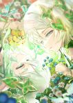  2girls absurdres blurry bug butterfly chromatic_aberration clenched_hand clone closed_mouth commentary_request cracked_skin cross-shaped_pupils crying crying_with_eyes_open crystalfly_(genshin_impact) depth_of_field eye_contact face-to-face field flower flower_field furrowed_brow genshin_impact green_butterfly green_eyes hair_ornament half-closed_eyes highres leaf_hair_ornament looking_at_another lying multiple_girls mushroom nahida_(genshin_impact) on_grass on_ground on_side oyaji_hime parted_lips pointy_ears profile rotational_symmetry rukkhadevata_(genshin_impact) sad_smile see-through_body smile sprout symbol-shaped_pupils tears third-party_source white_flower white_hair 