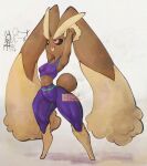  1girl adversarial_noise animal_ears animal_nose armpits arms_up artist_name barefoot black_sclera body_fur breasts brown_fur colored_sclera commentary_request english_commentary furry furry_female green_trim happy highres leggings legs_apart long_animal_ears looking_up lopunny lucario medium_breasts midriff mixed-language_commentary no_feet open_mouth partial_commentary pokemon pokemon_(creature) purple_leggings purple_sports_bra rabbit_ears rabbit_girl rabbit_tail red_eyes short_tail signature simple_background skin_tight smile solo_focus sports_bra stretching tail teeth thick_thighs thighs thwillartz toned toned_female tongue twitter_username two-tone_fur white_background wide_hips yellow_fur 