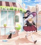  1girl ahoge black_cat black_hat blue_sky bow braid brown_shoes cat closed_mouth elaina_(majo_no_tabitabi) food full_body grey_hair hair_between_eyes hair_bow hat kneehighs long_hair long_sleeves looking_at_viewer majo_no_tabitabi official_art outdoors shoes sky smile socks solo tongue tongue_out walking white_cat white_socks witch witch_hat 