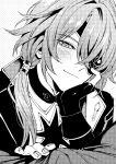 1boy absurdres anaxa_(honkai:_star_rail) black_jacket blush eyepatch fingerless_gloves gloves greyscale hair_between_eyes half-closed_eyes highres honkai:_star_rail honkai_(series) jacket looking_at_viewer male_focus mandarin_collar medium_hair monochrome one_eye_covered protein810 shirt side_ponytail smile solo white_shirt 