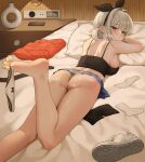 1girl ass back bare_arms bare_legs bare_shoulders barefoot bed black_shirt blue_skirt breasts brown_eyes camisole closed_mouth commission crop_top dangling feet from_behind grey_hair hair_ribbon hair_rings heavy_breathing highres large_breasts leg_up long_hair looking_at_viewer looking_back lying median_furrow microskirt midriff oc_(jmgsjh) on_bed on_stomach original panties panties_around_toe pillow pleated_skirt ribbon second-party_source shant_07 shirt shoes sideboob skirt sleeveless sleeveless_shirt socks soles solo spaghetti_strap thighs toes underwear unworn_shoes unworn_socks white_panties 