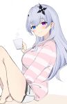  +_+ 1girl absurdres barefoot blue_eyes blush breasts closed_mouth cross cross-shaped_pupils cross_hair_ornament crossed_legs cup grey_hair hair_ornament heterochromia highres inverted_cross knee_up large_breasts light_smile long_hair long_sleeves looking_at_viewer mattyazuki neo-porte pajamas pink_eyes pink_pajamas short_shorts shorts sitting sleepwear smile solo steam striped_clothes striped_pajamas symbol-shaped_pupils teacup tentei_forte virtual_youtuber white_background white_pajamas white_shorts 