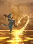  black_fur blue_fur blurry blurry_background engawa1001 fighting_stance highres kicking light looking_to_the_side lucario multicolored_fur no_humans outdoors pokemon pokemon_(game) red_eyes solo sparkle spikes sunlight sunset tail water water_drop yellow_fur 