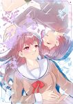 2girls absurdres bang_dream! bang_dream!_it&#039;s_mygo!!!!! blush bow bowtie brown_dress brown_hair closed_eyes closed_mouth commentary dress flower grey_jacket hanasakigawa_school_uniform haneoka_school_uniform highres jacket long_hair long_sleeves lying merry_(elppanoomthgin) mole mole_under_eye multiple_girls on_back open_mouth purple_eyes purple_flower red_bow red_bowtie sailor_collar sailor_dress school_uniform shiina_taki short_hair takamatsu_tomori white_sailor_collar yuri 