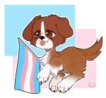 ambiguous_gender blep brown_body brown_eyes brown_fur canid canine canis claws domestic_dog fangs feral fur hasbro hi_res leg_markings lgbt_pride littlest_pet_shop lps_25 mammal markings nullkunstt paws pride_colors socks_(marking) solo tail teeth tongue tongue_out transgender_pride_colors