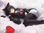  1girl absurdres animal_ears black_hair black_jacket black_pantyhose blue_archive cat_ears cat_girl extra_ears halo highres jacket jianjia kazusa_(blue_archive) long_sleeves looking_at_viewer pantyhose pleated_skirt red_eyes short_hair skirt solo white_halo white_skirt 