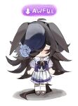  1girl animal_ears black_bow black_hair blue_flower blue_hat blue_rose blush bow brown_hair brown_shoes chibi closed_eyes closed_mouth commeowdore crying english_commentary flower hair_flower hair_ornament hair_over_one_eye hat hat_flower highres horse_ears horse_girl horse_tail long_hair mood_(umamusume) pleated_skirt purple_shirt rice_shower_(umamusume) rose sailor_collar school_uniform shirt shoes short_sleeves simple_background skirt socks solo standing sweat tail tilted_headwear tracen_school_uniform umamusume white_background white_sailor_collar white_skirt white_socks 